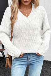 Women's Knit Ribbed Edge Textured V-Neck Drop Shoulder Sweater | Zarnesh